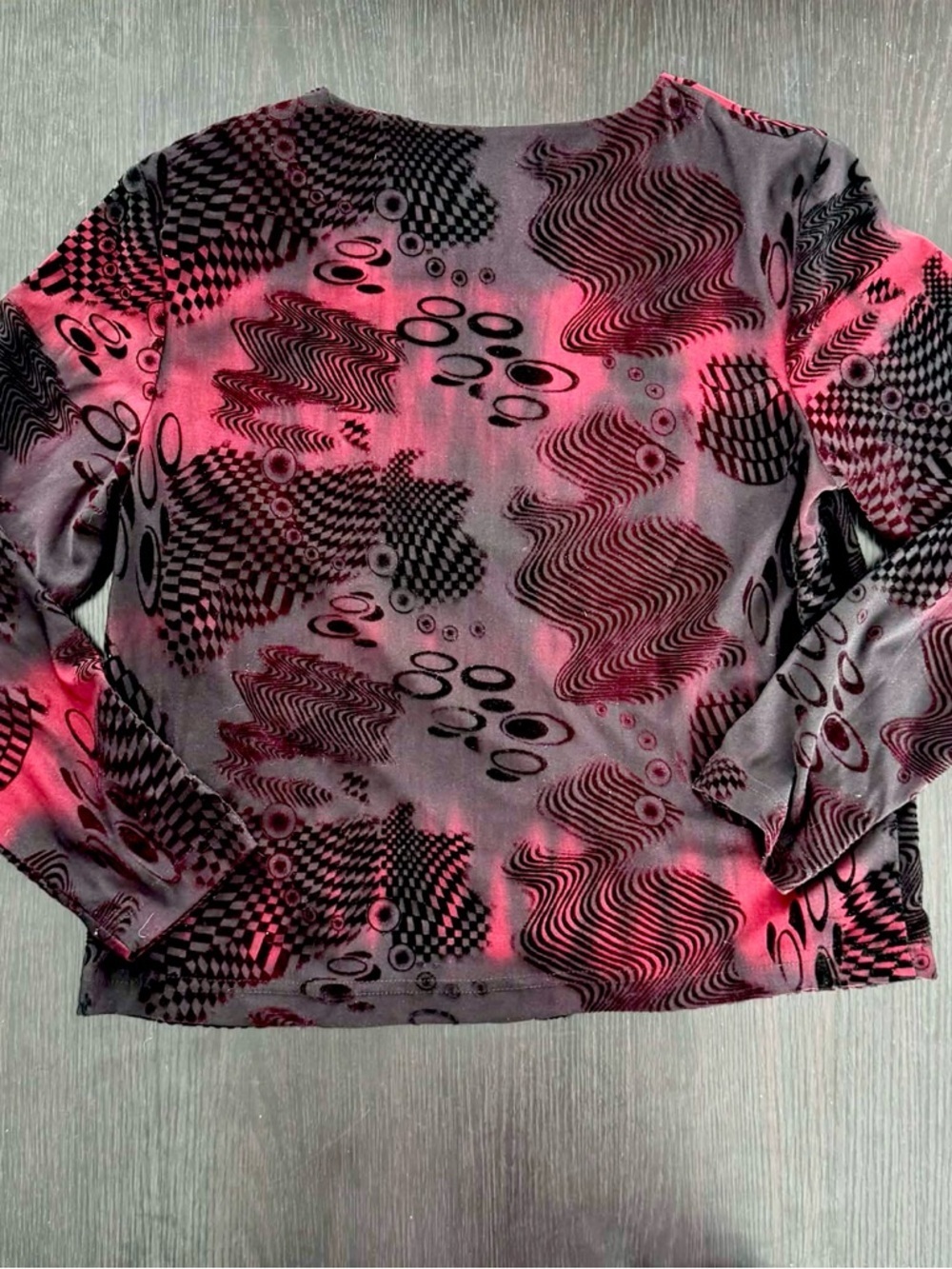 Hiroko Red Black Burnout Velvet Abstract Art Button Top Shirt Blouse Whimsigoth - Picture 3 of 4